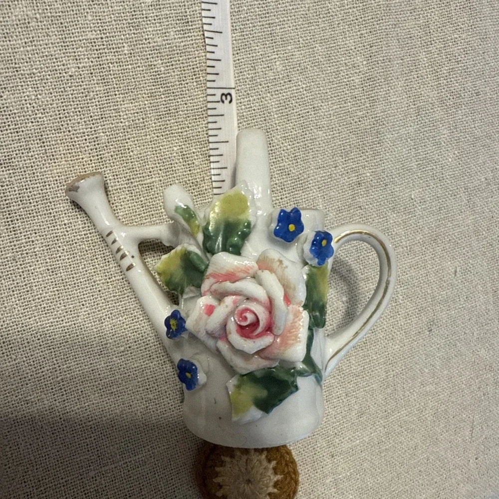 Vintage Miniature White Pitcher And‎ Watering Can with Figural Flower Japan